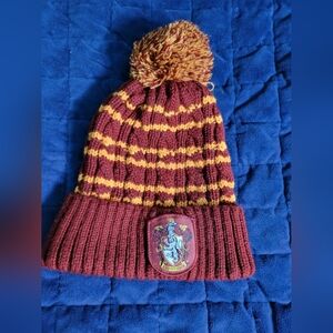 Striped Maroon and Yellow Kids Pom-Pom Beanie
